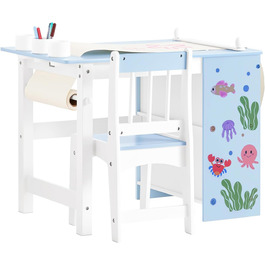 Дитячий стіл SoBuy з табуретом, комплект меблів для дитячої кімнати, ігровий та мальовий стіл для дітей, блакитний, 80x66x50 см, KMB60-B