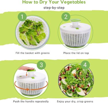 Салатниця-центрифуга Brieftons QuickPush: велика 6.3 кварт, для миття та сушіння овочів та фруктів, зручний одноручний механізм та гальмо, швидкі цикли обертання