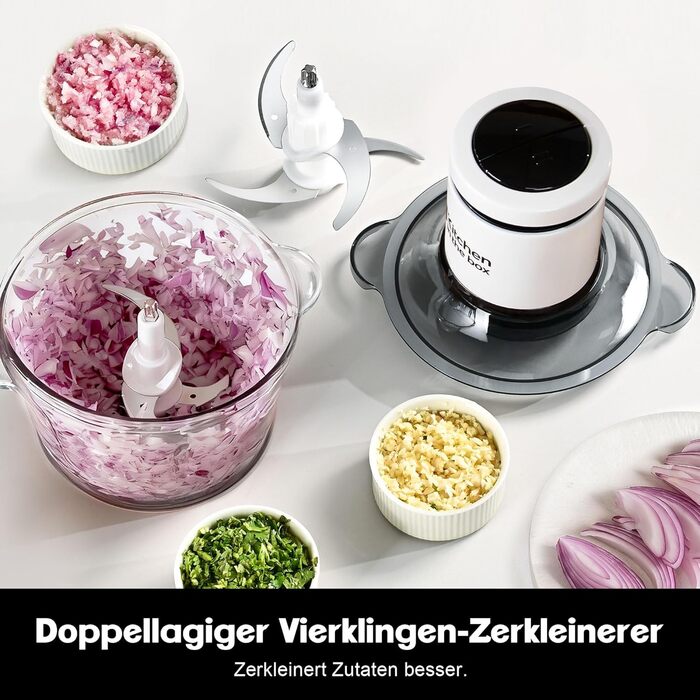 Електричний подрібнювач Zerkleinerer 400W з двома чашами 2л + 2л та двома лезами з нержавіючої сталі для м'яса, овочів, фруктів - білий