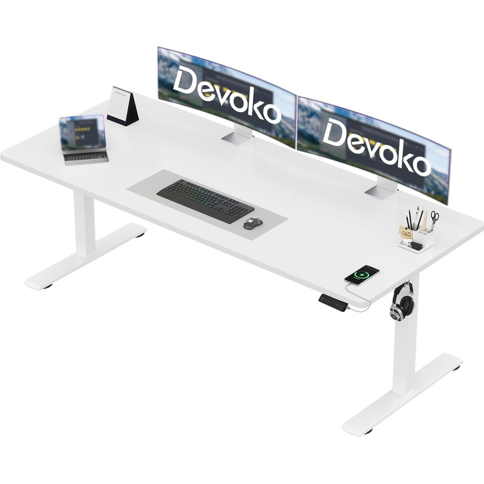 Регульований стіл Devoko з USB-роз'ємом: електричний, для роботи, стоячи/сидячи, 180x80 см, білий