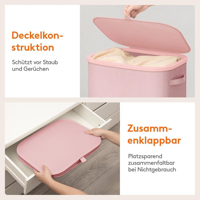 Кошик для білизни з кришкою Lifewit, 105л, рожевий, з міцним пластиковим каркасом, великий, складний, для спальні, ванної кімнати