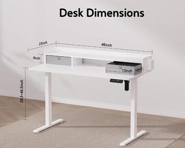 Електричний письмовий стіл WALKINGDESK з регулюванням висоти, 2 шухлядами, ергономічний сидячи-стоячи, для домашнього офісу, з полицею, гачком, DIY-панеллю, 122x61 см, білий