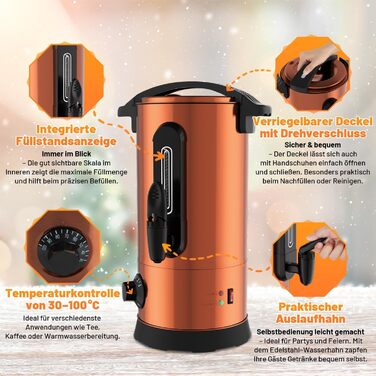 Глювайновий нагрівач 8л з 10 чашками | 1500W диспенсер гарячих напоїв з нержавіючої сталі з термостатом 30–110°C, функція підігріву та виливний кран | Глювайновий автомат для вечірок, мідно-кольоровий 8л