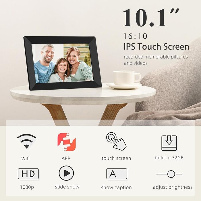 Цифрова фоторамка YUUTY WLAN 10.1 дюймів, 32ГБ, HD IPS LCD сенсорний екран 1280x800, автоматичний поворот, підтримка віддаленого передачі фото