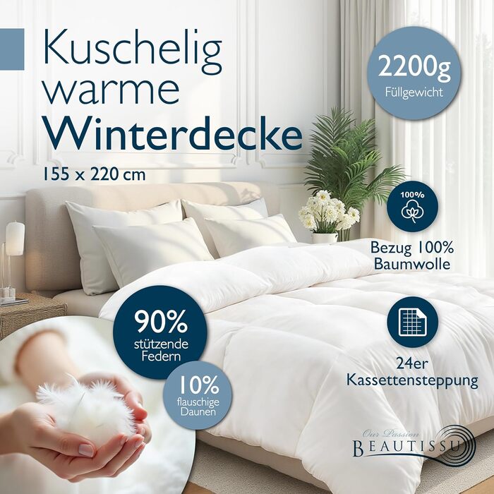 Пухова ковдра Beautissu для всієї пори року з 100% пуху та пера – Made in Germany – Сертифікація Oeko-Tex, Downpass & Nomite – 100% бавовняний чохол, 135x200 см, пральна машина, зимова ковдра 155x220 см