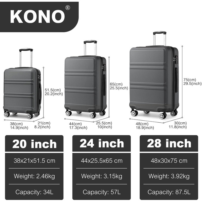 Чемодан середнього розміру KONO 24 дюйми з ABS-пластику з TSA-замком, 4 колеса, 65×44×25.5 см, сірий, 3-секційний набір