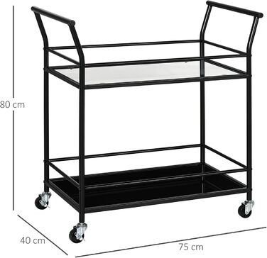 Візок для кухні HOMCOM, Візок, Візок для сервірування з 2 полицями, Металевий, Чорний, 75x40x80 см