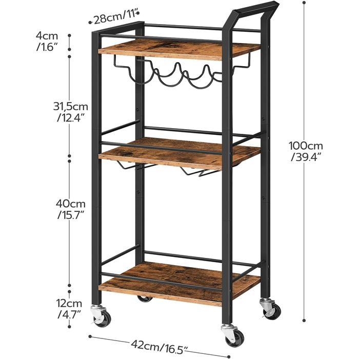 Візок HOOBRO з колесами, 3 рівні, для кухні, бару, саду, вечірки, вінтажний коричневий/чорний EBF38TC01