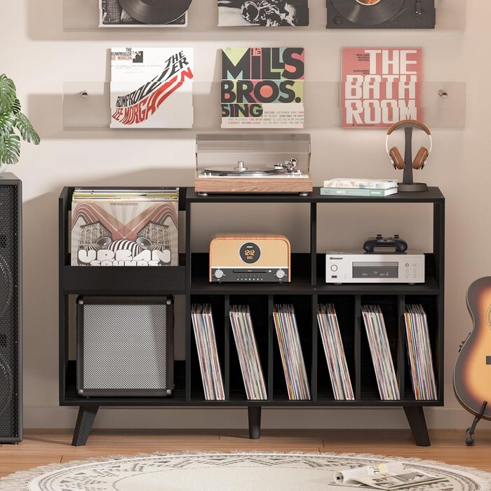 Стійка для платівок з полицями, чорна: місткість до 450 альбомів