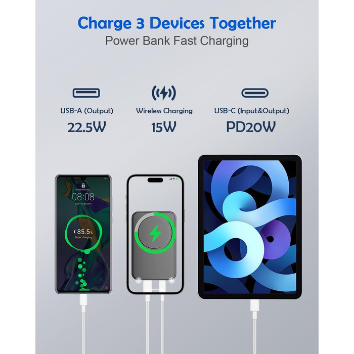 Бездротовий повербанк, магнітний 10000 мАг, Mini PD 22.5 Вт, LED дисплей, для iPhone 12-15 (чорний)