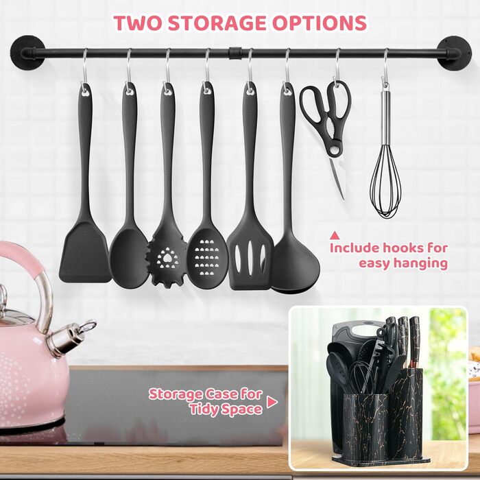 Набір кухонних аксесуарів 37 шт. з силікону, набір кухонних помічників, стійкий до високих температур, безпечний для миття в посудомийній машині, антипригарне покриття (рожево-золотий, чорний)