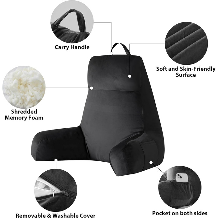 Крісло-мішок з підлокітниками для дорослих, подушка для спини для відпочинку в ліжку, з піною з пам'яті та кишенями, знімний, пральний чохол, для релаксації, перегляду телевізора, чорний, X-Large (24 дюйми)