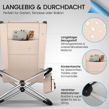 Крісло-гойдалка ELONEO для вулиці з кишенею, розслаблююче крісло до 180 кг, стійке до погодних умов, шезлонг для саду та балкону (з подушкою, кремово-антрацитовий)
