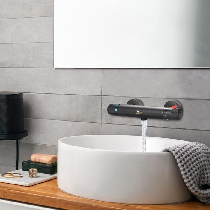 Змішувач для ванни з термостатом Uten, чорний, латунь, 2 виходи, захист 38°C