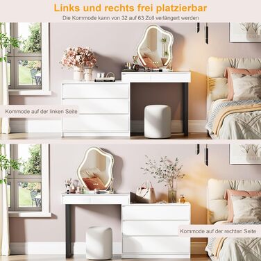 Тюль для макіяжу BROTTAR з регульованою LED-підсвіткою, туалетний столик зі дзеркалом, тумбочка з 5 висувними ящиками, кутовий туалетний столик, L-подібний, кутовий туалетний столик зі скляною стільницею, білий, стиль A