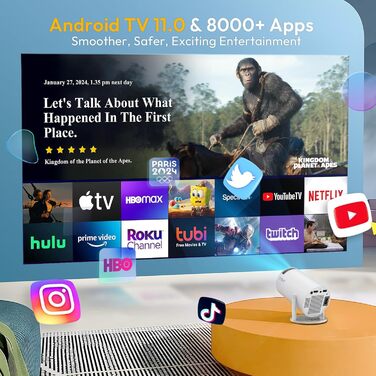 Проектор Xgody Gimbal 3 New: 12000 Люмен, Android 11.0, WiFi 6, Bluetooth, Auto Keystone, Підтримка 4K 1080P, 720P HD, для домашнього кінотеатру (білий)