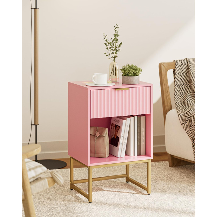 Приліжкова тумбочка з відкритим відсіком, журнальний столик для вітальні та спальні (горіх), 40 x 30 x 60 см, рожеве фетрове покриття