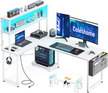 Ігровий стіл Coleshome L-подібної форми з LED-підсвічуванням та розетками, 115x80 см. Реверсивний стіл з полицями для зберігання, ігровий кутовий стіл з сумкою для дому та геймінгу, 110x80 см (135x100 см, Чорний)