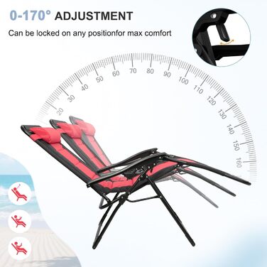 Розкладне ліжко для саду, широке 72 см, з підстаканником та подушкою, для відпочинку на вулиці (червоне)