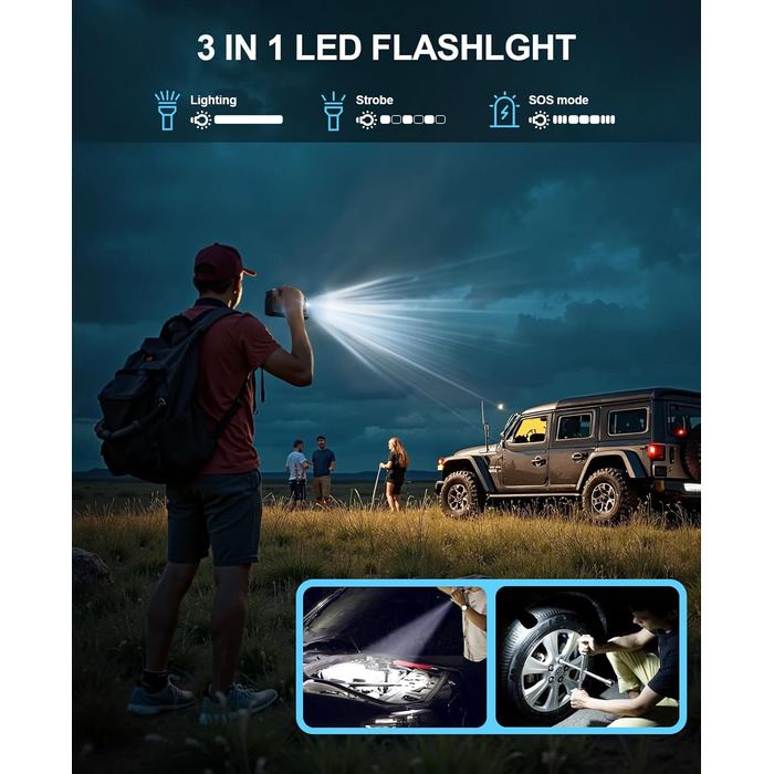 Powerbank з компресором Starthilfe 6500A: автостартер 12V для легкових автомобілів з повітряним насосом, бустер-акумулятор (для 9.0L бензину/8.5L дизеля) з пусковими кабелями, LED ліхтар 500 люмен (чорний), піковий струм 6500A