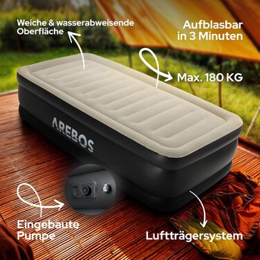 Надувний матрац Arebos самонадувний, 203x95x51 см, для 1 особи, з електричним насосом, для дому/кемпінгу, сірий/антрацитовий