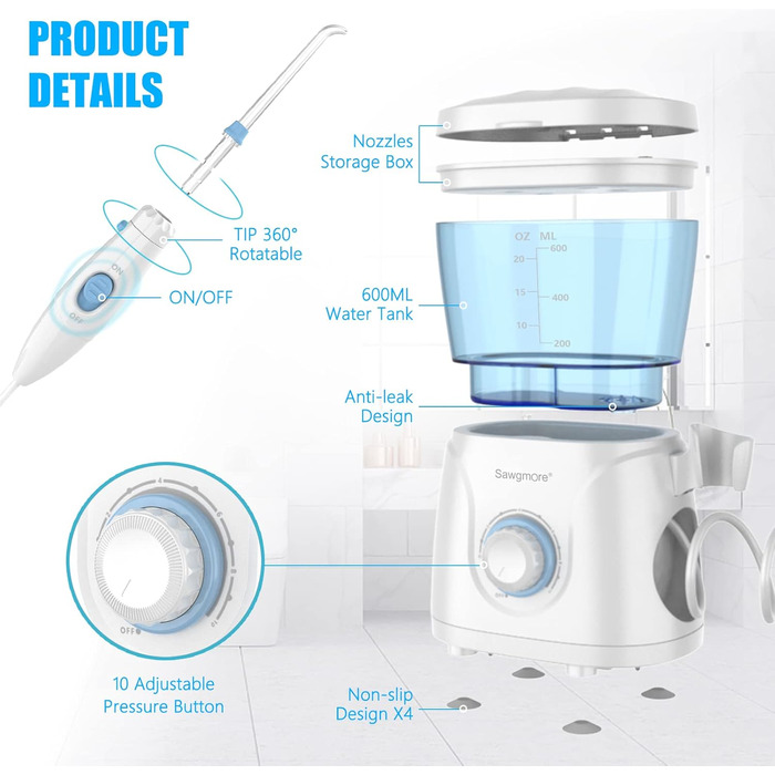 Електрична іригатор для порожнини рота з 10 рівнями тиску та 8 насадками, професійний водяний флосер, резервуар 600 мл, ідеальний для сім'ї, білий