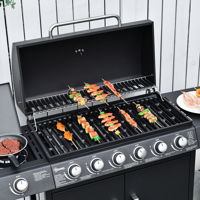 Газовий гриль Outsunny BBQ на коліщатках з 6 пальниками, 1 бічним пальником, шафкою, багатофункціональний, металевий, чорний, 135 x 50 x 100 см | Aosom