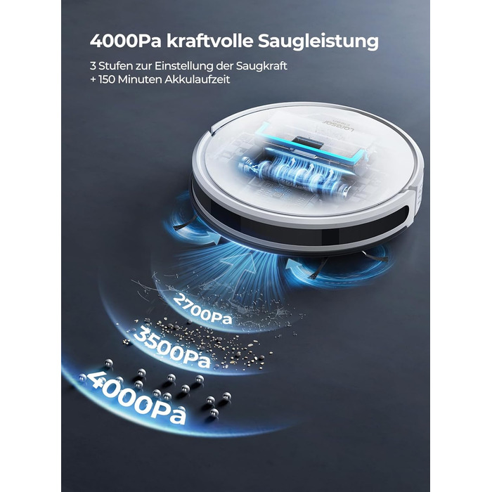 Робот-пилосос Laresar Clean з функцією миття, 4000Pa, 150 хв роботи, керування через додаток, для твердих підлог, килимів та шерсті тварин (білий)