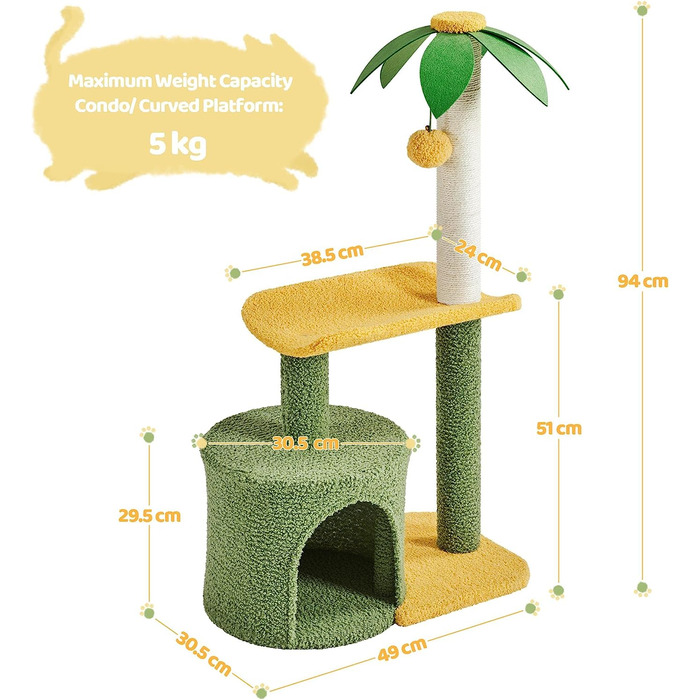 Котяче дерево Yaheetech з кокосової пальми, 94 см сучасне маленьке котяче дерево для лазіння по кішкам, з платформою для котячої печери, стовбури сизалю, зелено-жовті