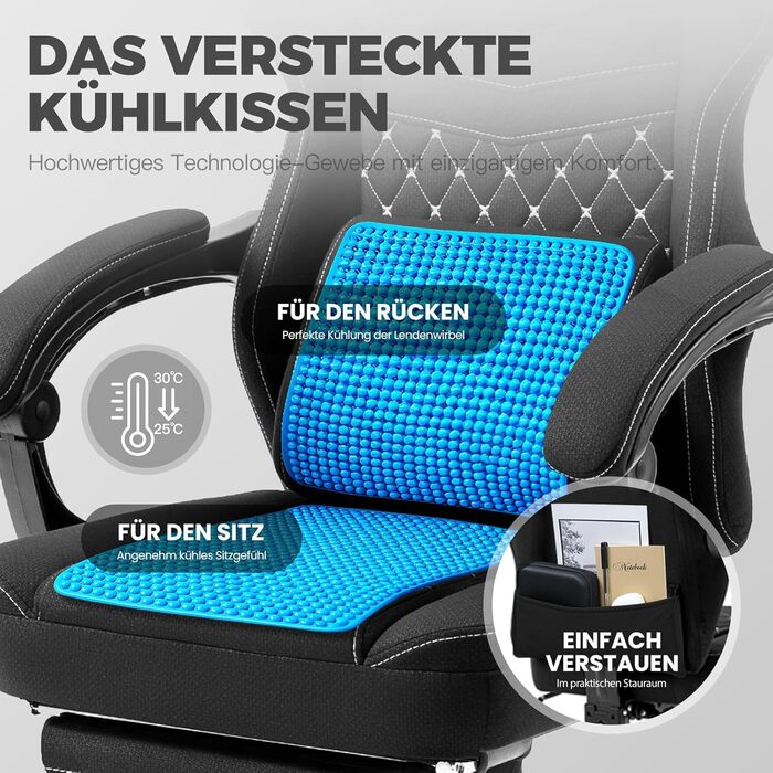 Ігровий крісло Dowinx з тканинною оббивкою, гелевою подушкою та пружинним блоком, ергономічний офісний крісло з підніжкою, масажний ігровий крісло для дорослих (Чорний)