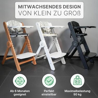 Дитячий стільчик ZWERGHELD® ZS3 Premium - з регулюванням, складний, росте разом з дитиною. Підходить для дітей від 6 місяців до 90 кг, з підносом. Дерев'яний дитячий стільчик (натуральний колір) білий-натуральний (pearl-black)