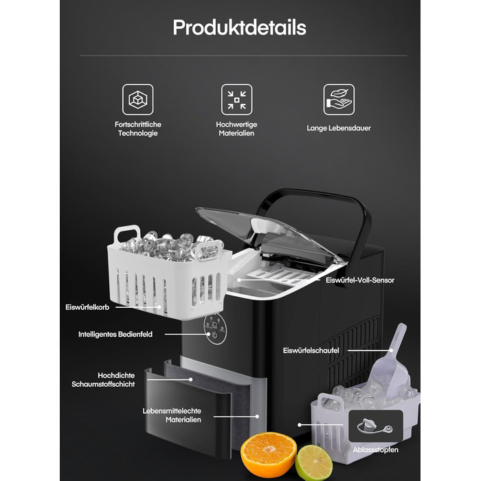Льодогенератор Fohere 14 кг/24 год, швидке виробництво льоду (5 хв), 2 розміри кулеподібного льоду, самоочищення, з ручкою, лопаткою та кошиком для вечірок, офісу, кемпінгу - Чорний