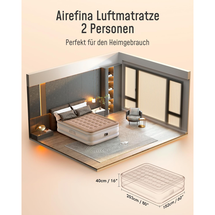 Надувна матрац Airefina з інтегрованим насосом, преміум-якість, для гостей, кемпінгу та дому, 203x152x40 см, на 2 особи