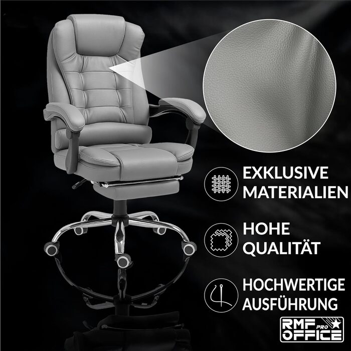 Ергономічне крісло для офісу RMF, регульоване, з підніжкою – зручне та розслаблююче крісло для робочого столу, обертається, регулювання висоти, сіре