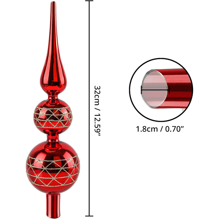 Насадка на ялинку - 32 см Блискуча скляна куля (червона)