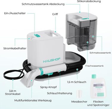 Портативний мийний пилосос для килимів та м'яких меблів HAUSHOF, 13 kPa, 2-в-1, тихий (≤77 dB)