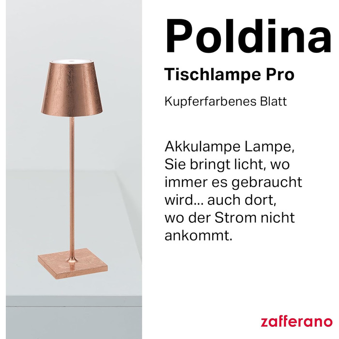 Zafferano Poldina Pro: Бездротова LED-лампа настільна з торшевим керуванням, 2200-3000K, 38 см, мідь