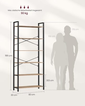 Стелаж VASAGLE з 6 полицями, сталевий каркас, для вітальні, спальні, кабінету, 30 x 80 x 186 см, індустріальний дизайн, вінтажний колір (коричневий + чорний)