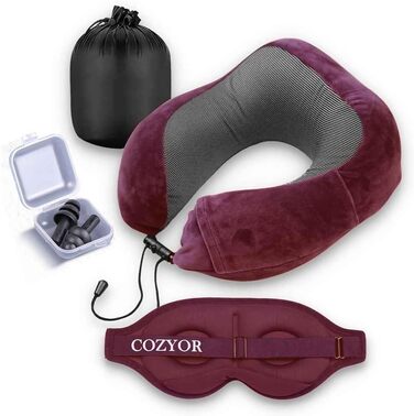 Набір для подорожей Cozyor 4-в-1: подушка для шиї, маска для сну, надувна подушка та плед 2-в-1, беруші, з кріпленням для рюкзака та валізи, червоний