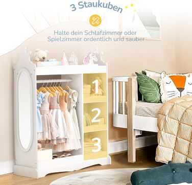 Дитяча шафа LUE BONA з дзеркалом та штангою, 3 гачками та відкритими полицями, 85 x 34 x 112 см, білий колір