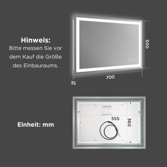 Дзеркало у ванну кімнату з підсвічуванням 50x70 см, сенсорне керування, протитуманне покриття, 3 кольори світла, регулювання яскравості, пам'ять налаштувань, матове покриття, прямокутна форма