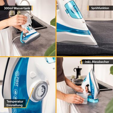 Пароочисник TZS First Austria I 2290-2720W | Керамічна підошва, Самоочищення, Вертикальна пара, Anti-Kalk, Сухе прасування, 0,3л резервуар, 1,2 кг, Чорний/Білий