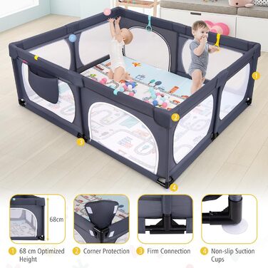 Дитячий манеж COSTWAY Laufstall з матрацом 189 x 158 см, з 50 м'ячиками та 4 ручками, дитяче огородження, намет-манеж з дихаючою сіткою для малюків (темно-сірий)