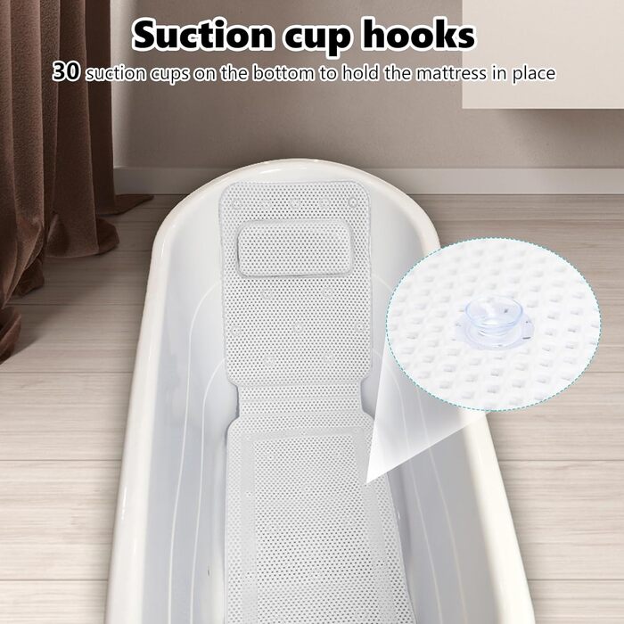 Килимок для ванни на все тіло з подушкою, 3D Air Mesh Spa Bath Pillow Mattress, стьобане повітряне ліжко для ванни з нековзними присосками, аксесуари для ванної кімнати підтримують шию, спину та ноги (125x36 см)