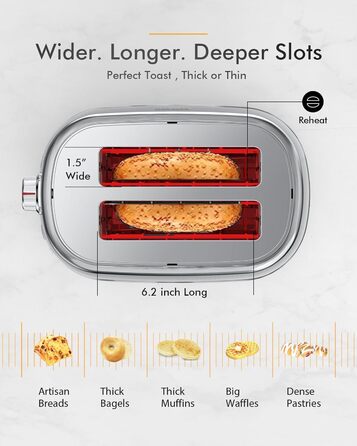 Тостер на 2 слоти, дуже широкі отвори, знімний контейнер для крихт, 6 рівнів, срібло