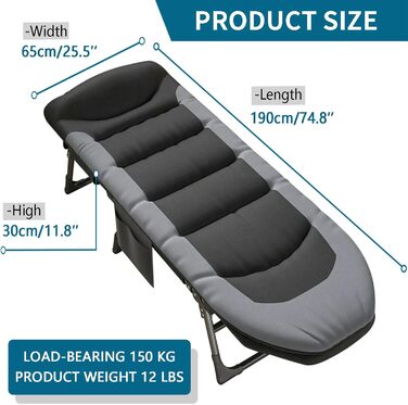 Розкладне кемпінгове ліжко-шезлонг XXL чорне, посилене польове ліжко з регульованою спинкою для відпочинку, рибалки та саду