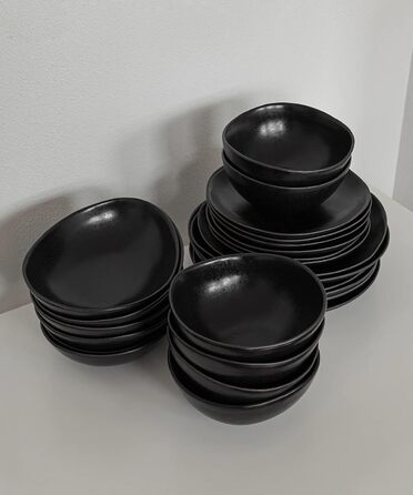 Набір посуду ручної роботи з 16 предметів 4 особи Елегантний набір тарілок з високоякісної кераміки 4 шт. обідні тарілки, 4 шт. десертні тарілки, 4 шт. супові тарілки, 4 шт. зернові тарілки, миски з макаронами Чорний набір із 16 предметів чорний, 7 O'CLOC