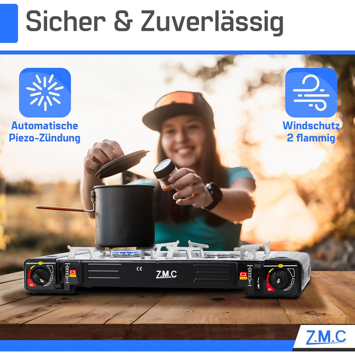 Газовий набір для кемпінгу ZMC 2-поверховий з адаптером для LPG + 4 балончики 227г + кейс, 2.5кВт, з Piezo-запалюванням, для відпочинку на природі та дому
