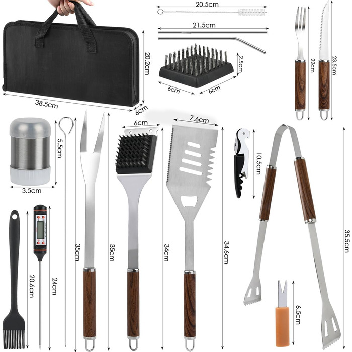 Набір гриля з нержавіючої сталі на 38 предметів, кейс для гриля, подарунок для чоловіків, повний набір інструментів для барбекю, високоякісний набір для гриля для відпочинку на відкритому повітрі