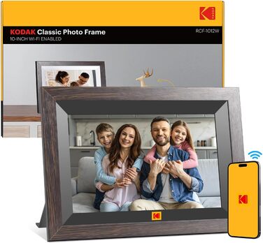 Цифровий фоторамка Kodak 10,1 дюйма WiFi, IPS Touchscreen, 32GB, Автоматичне поворотання, для кріплення на стіну, ділитися фото з будь-якого місця, коричневий (чорний каркас)